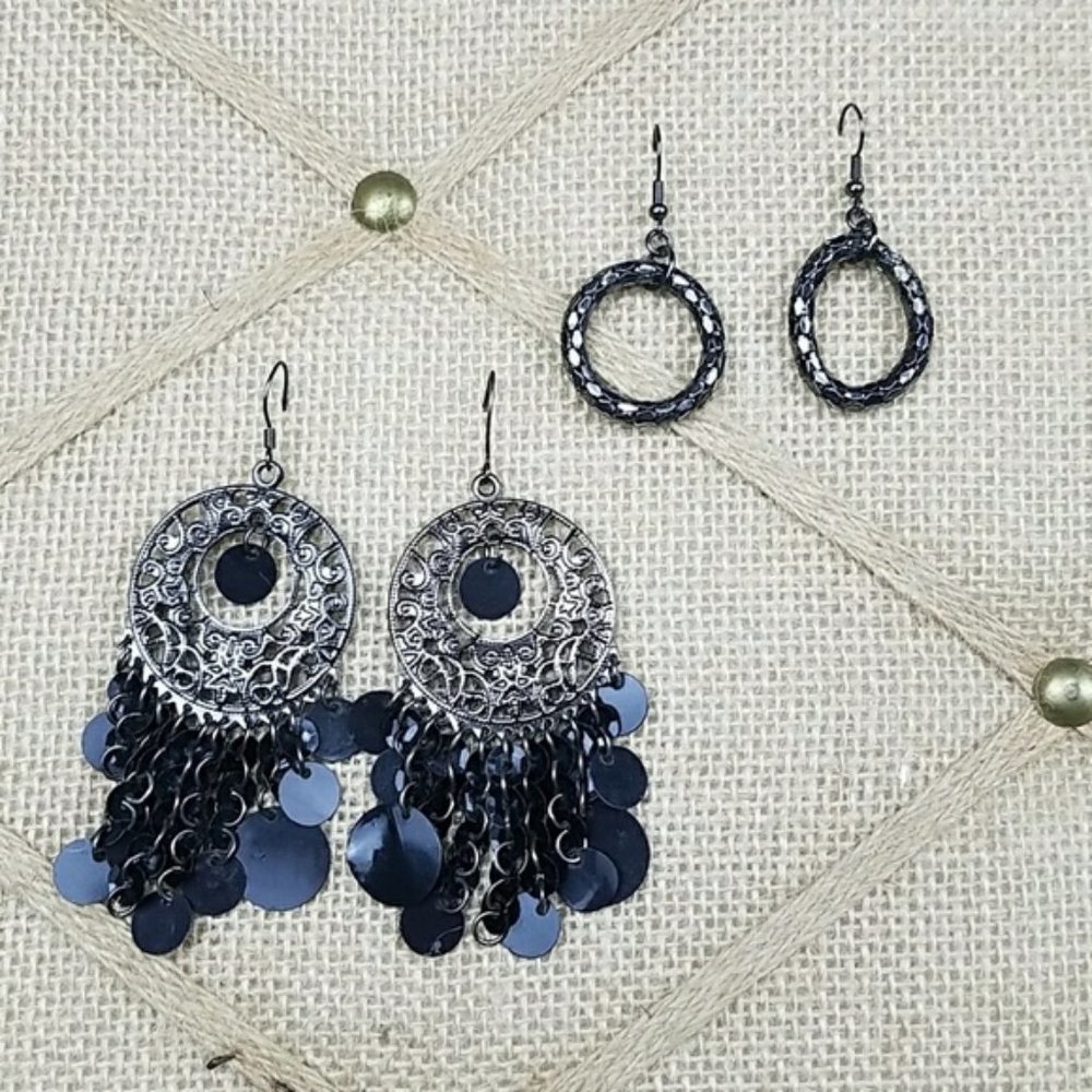 2 Boho Cocktail Dangle Earrings Silver Black Preppy Chandelier Glam Party Formal